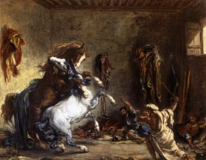 Chevaux arabes se battant dans une écurie, 1860. Huile sur toile, 64,5 x 81 cm. Musée du Louvre, Paris